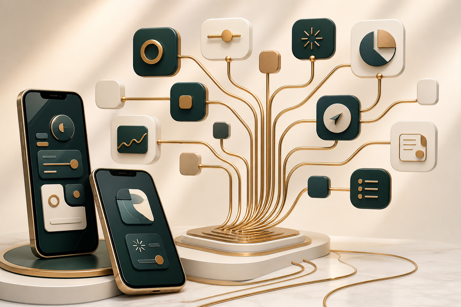 Abstract mobile app screens and connected app tiles representing iOS product development.